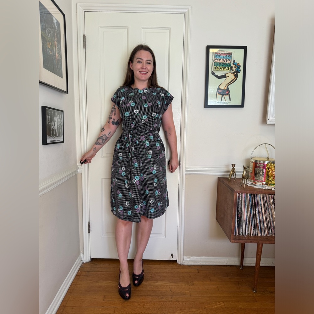 50s Vintage Black Cotton Housedress with Polkadots and flowers